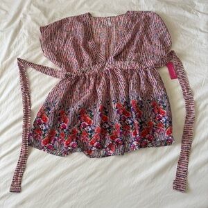 Xhilaration Pink, Red and Purple Kimono Floral Baby Doll Top Sheer Size Large